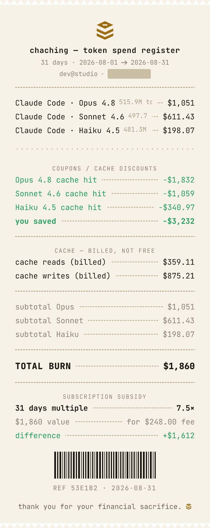Chaching sample receipt itemising token spend and cache savings